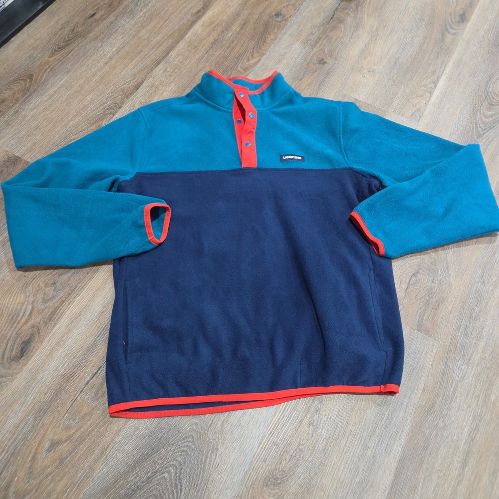 Lands End Fleece Pullover Colorblock Snap Neck Teal Navy Blue Red Trim Mens M
